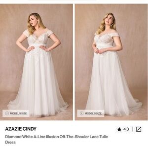 NWT Azazie Cindy Diamond White Lace Gown A-Line Illusion Off Shoulder Lace Tulle
